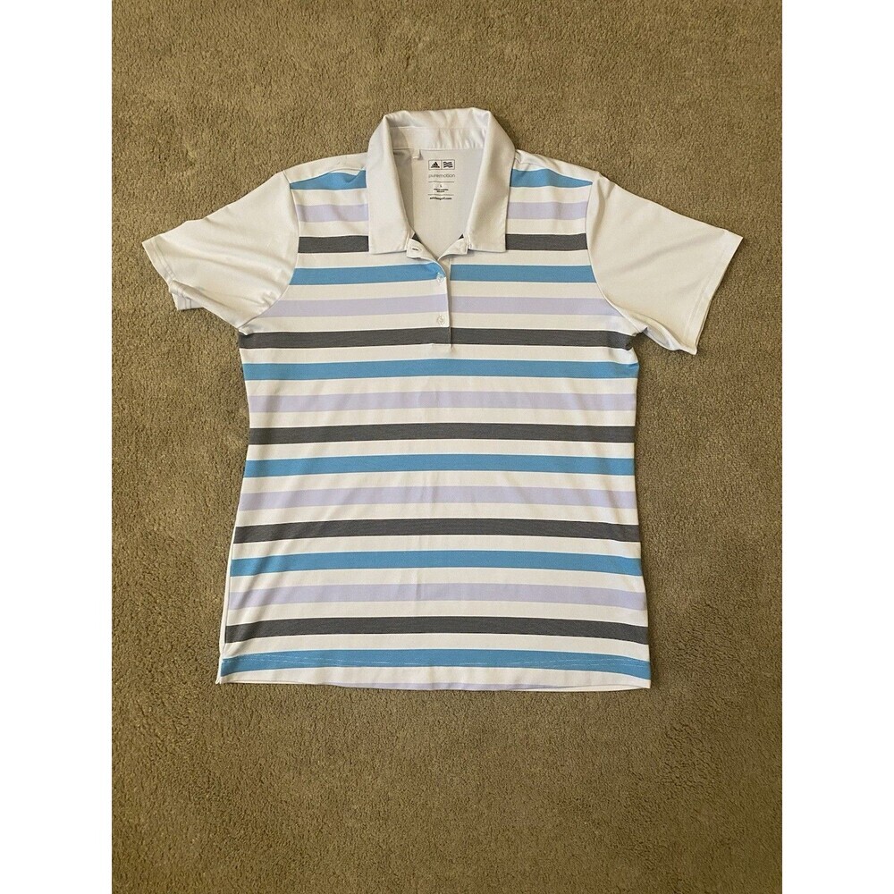 adidas Golf Women's Puremotion Striped Polo Shirt White Blue Size L